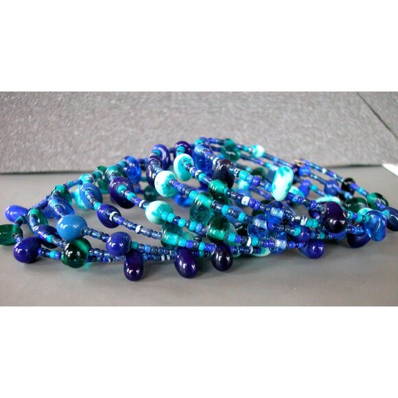 Five-Strand Blue & Turquoise Glass Bead Necklace Stretch Bracelet & Earrings - Picture 6 of 9